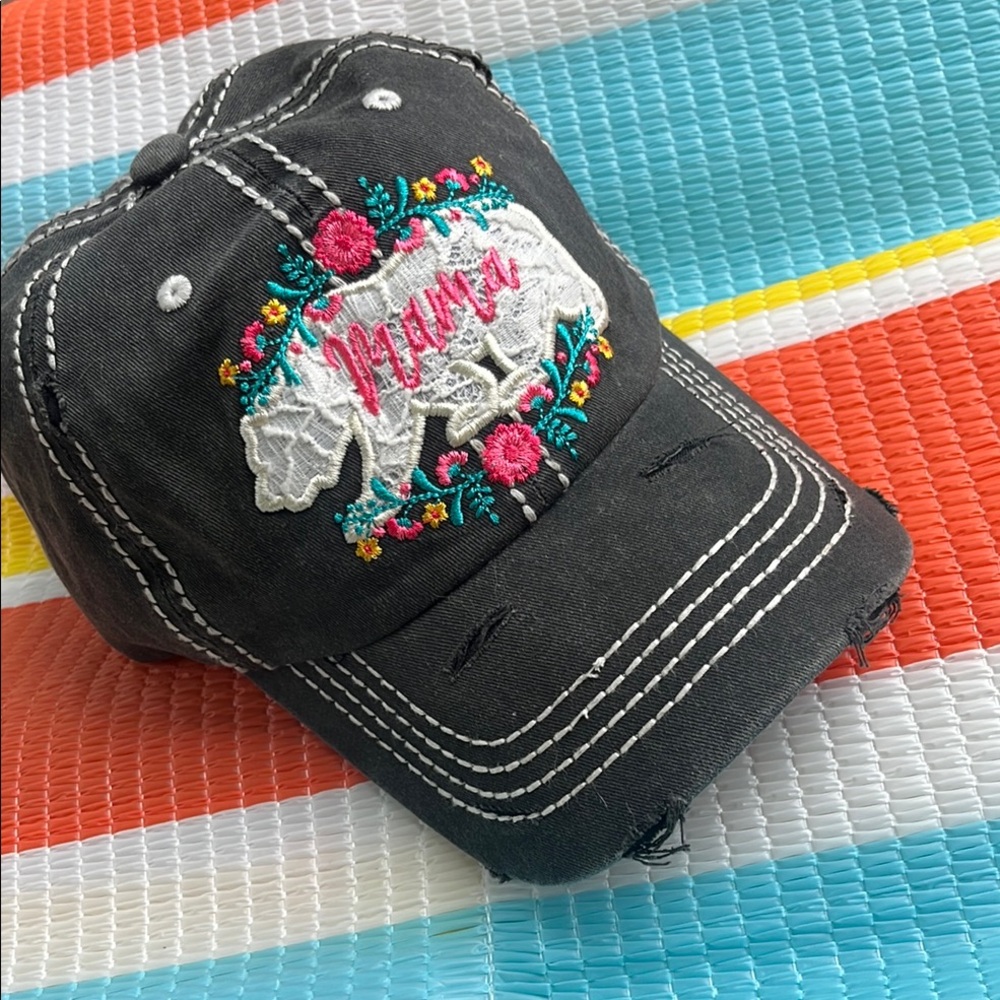 ❌SOLD❌Black Distressed Mama Cap with Floral Embroidery - Picture 3 of 10